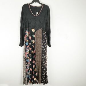 LEW MAGRAM Black Velour Long Sleeves Mixed Prints Maxi Dress, Size Medium